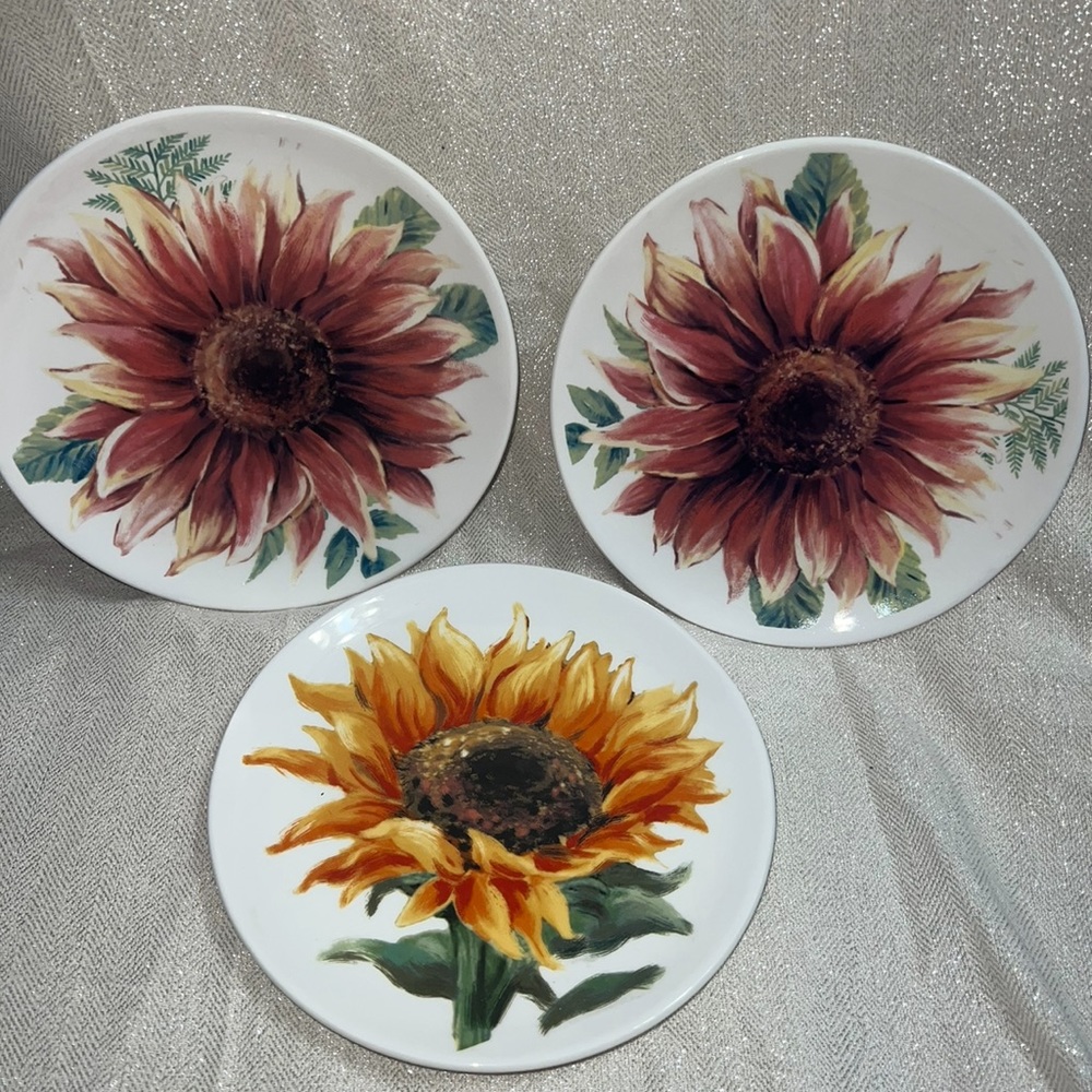 Set of 3 Sunflower Ceramic Salad Plates 8.5”